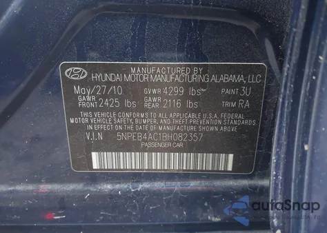 2011 Hyundai Sonata Gls from USA, damaged, VIN 5NPEB4AC1BH082357